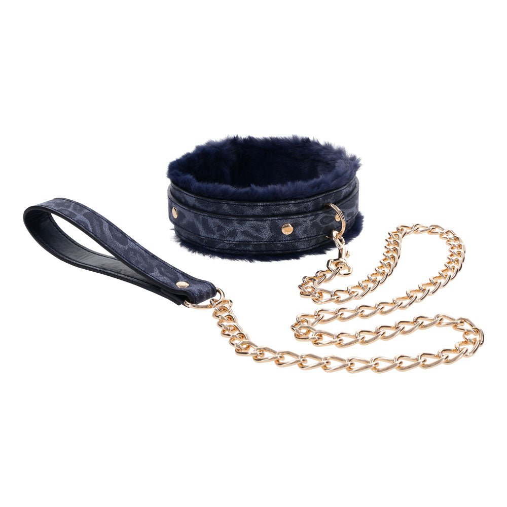 Buy Sex & Mischief Cougar Fur Collar & Leash - Navy Blue/Gold Furry Restraint – Naughtyhut NZ sex toys online. Discreet delivery & top brands.
