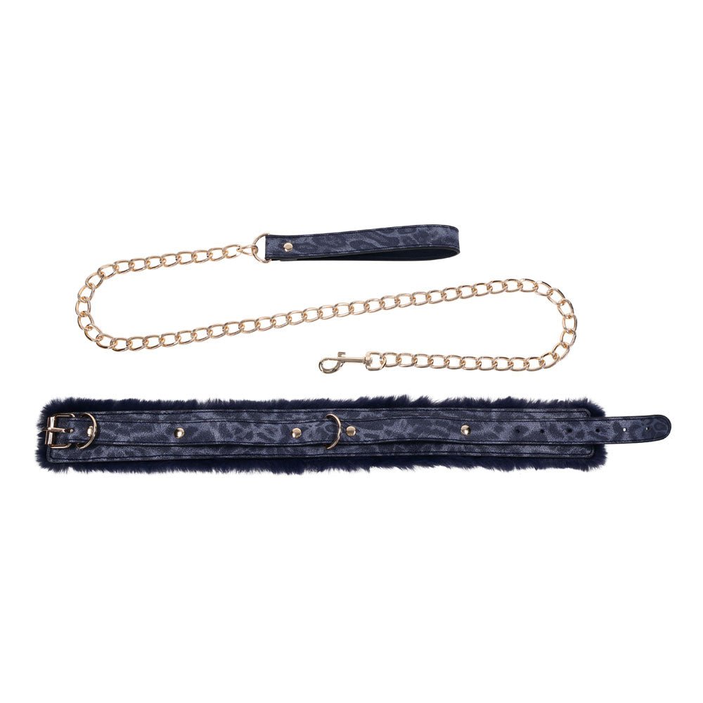 Buy Sex & Mischief Cougar Fur Collar & Leash - Navy Blue/Gold Furry Restraint – Naughtyhut NZ sex toys online. Discreet delivery & top brands.