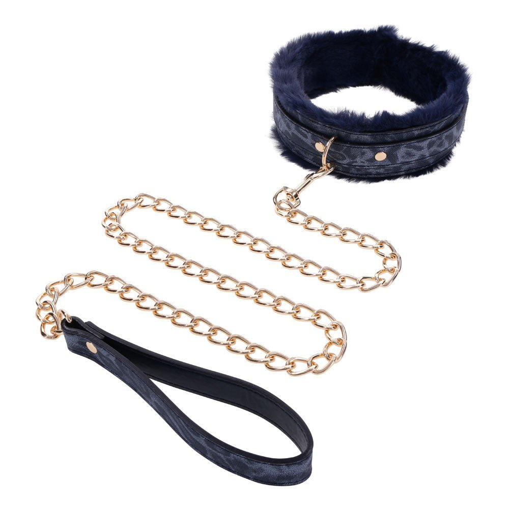 Buy Sex & Mischief Cougar Fur Collar & Leash - Navy Blue/Gold Furry Restraint – Naughtyhut NZ sex toys online. Discreet delivery & top brands.