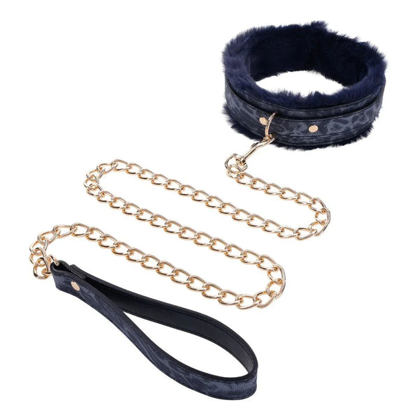Sex & Mischief Cougar Fur Collar & Leash - Navy Blue/Gold Furry Restraint – Sex toys NZ by Naughtyhut. Discreet delivery nationwide.