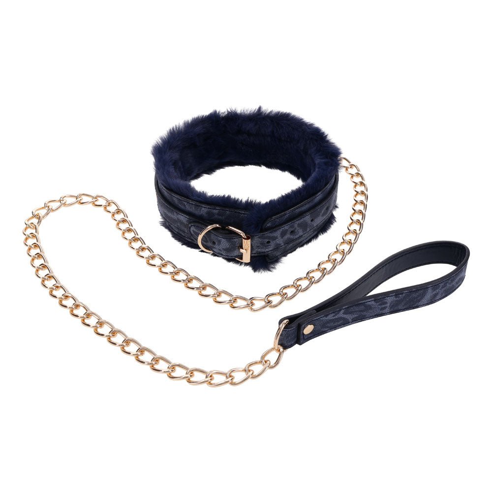 Buy Sex & Mischief Cougar Fur Collar & Leash - Navy Blue/Gold Furry Restraint – Naughtyhut NZ sex toys online. Discreet delivery & top brands.