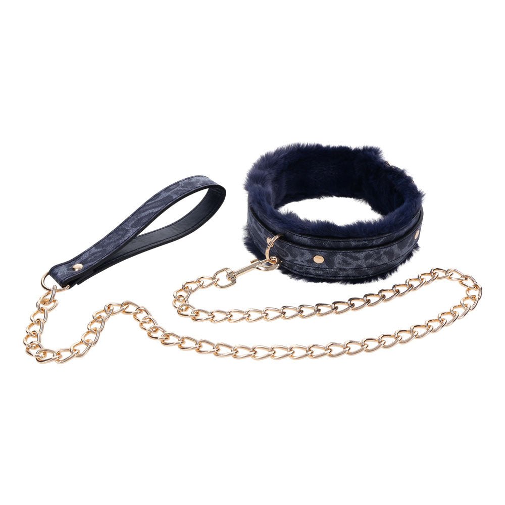 Buy Sex & Mischief Cougar Fur Collar & Leash - Navy Blue/Gold Furry Restraint – Naughtyhut NZ sex toys online. Discreet delivery & top brands.