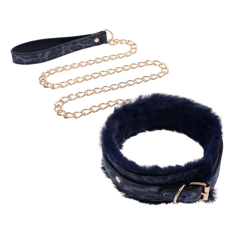 Buy Sex & Mischief Cougar Fur Collar & Leash - Navy Blue/Gold Furry Restraint – Naughtyhut NZ sex toys online. Discreet delivery & top brands.