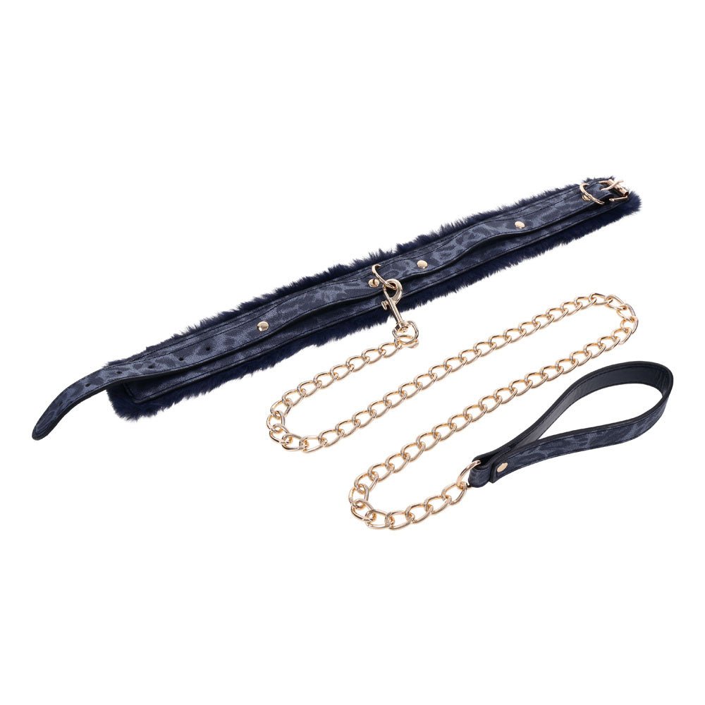 Buy Sex & Mischief Cougar Fur Collar & Leash - Navy Blue/Gold Furry Restraint – Naughtyhut NZ sex toys online. Discreet delivery & top brands.