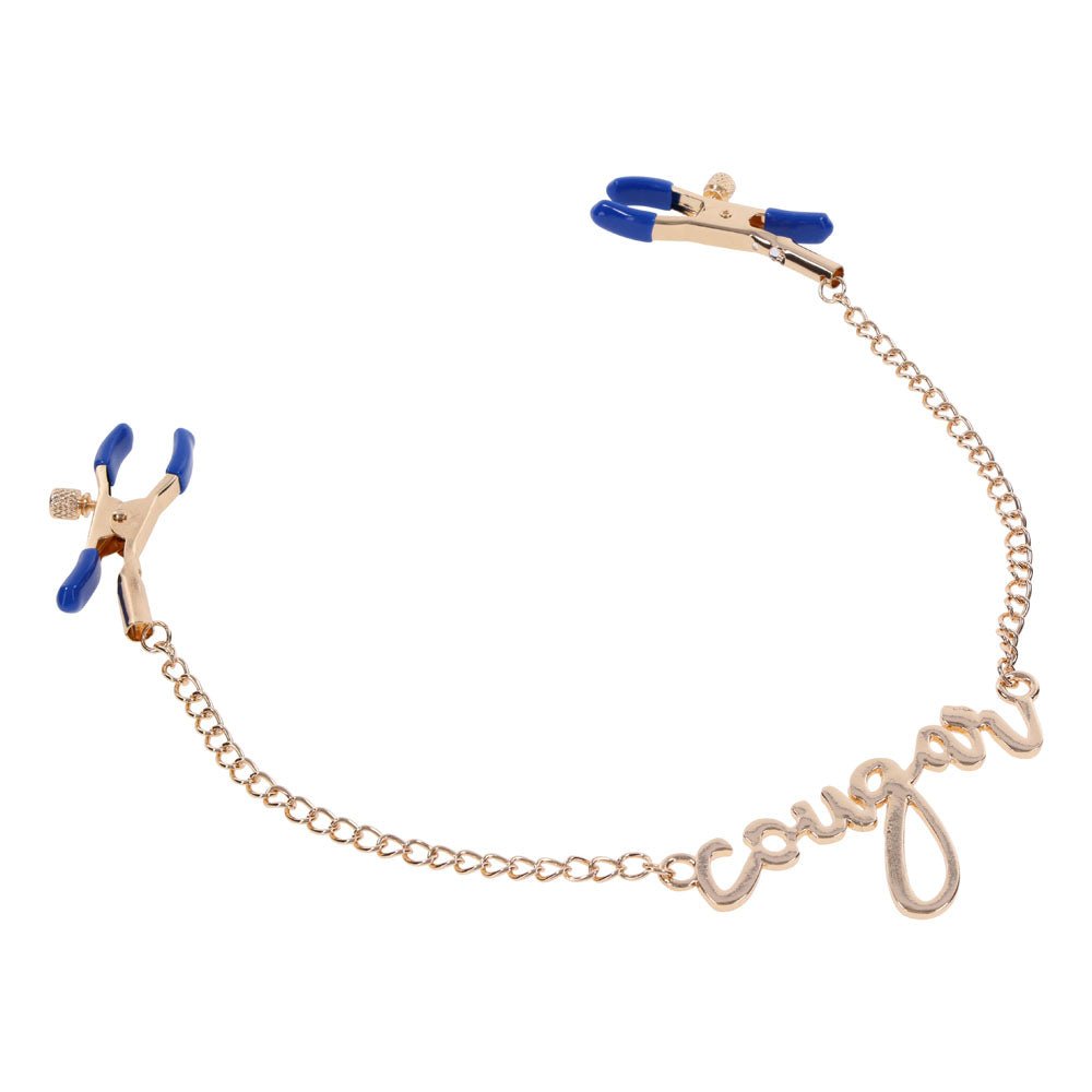 Buy Sex & Mischief Cougar Nipple Clamps - Gold Nipple Clamps with 33 cm Chain – Naughtyhut NZ sex toys online. Discreet delivery & top brands.