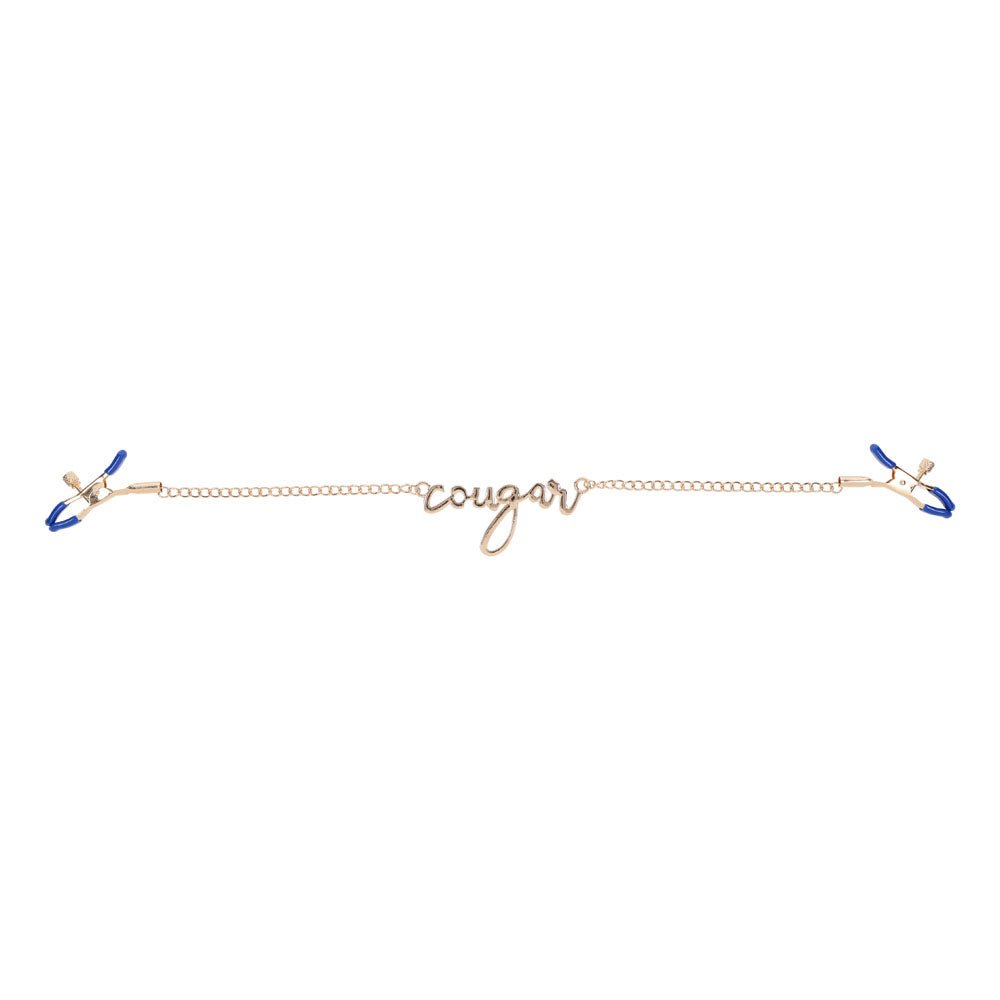 Buy Sex & Mischief Cougar Nipple Clamps - Gold Nipple Clamps with 33 cm Chain – Naughtyhut NZ sex toys online. Discreet delivery & top brands.