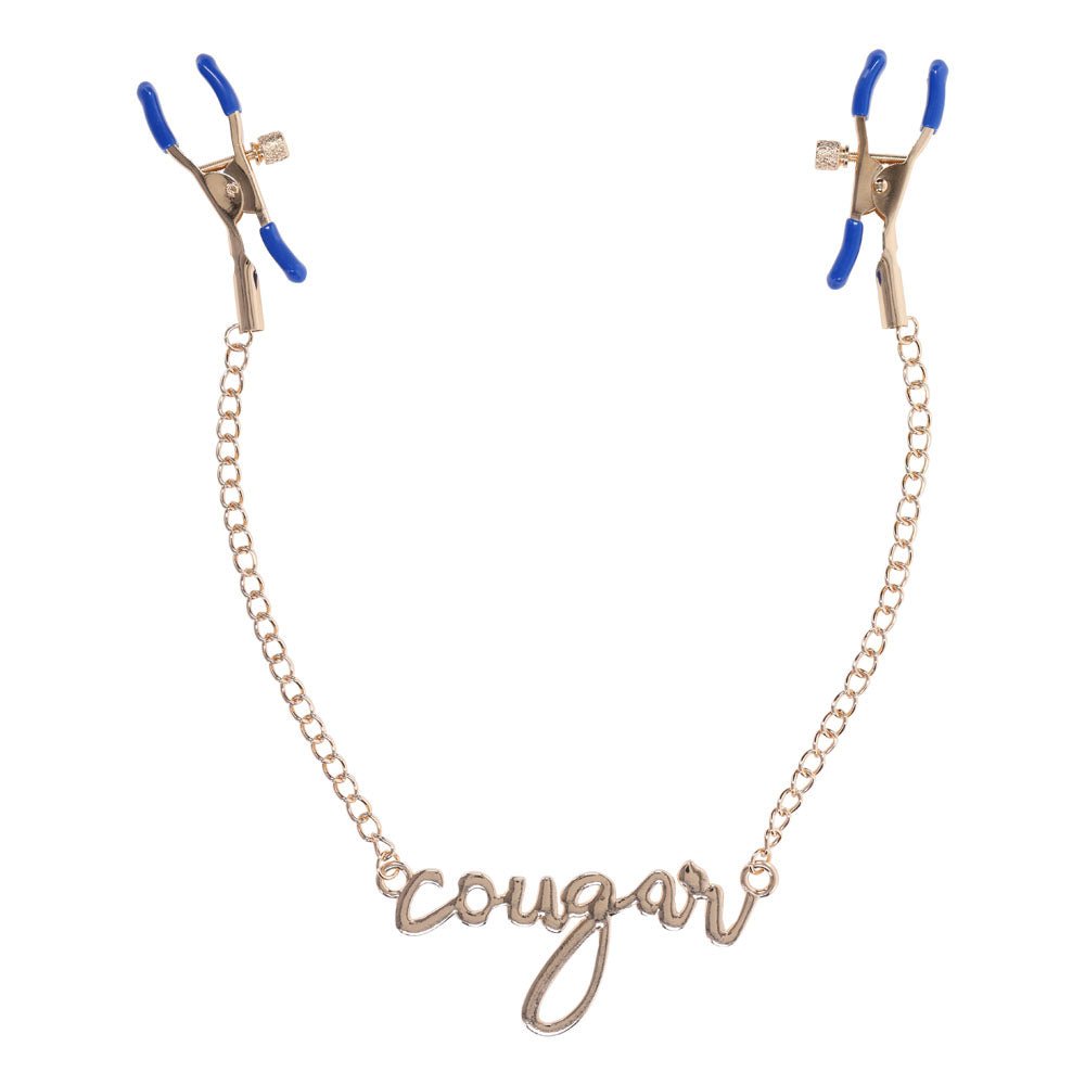 Buy Sex & Mischief Cougar Nipple Clamps - Gold Nipple Clamps with 33 cm Chain – Naughtyhut NZ sex toys online. Discreet delivery & top brands.