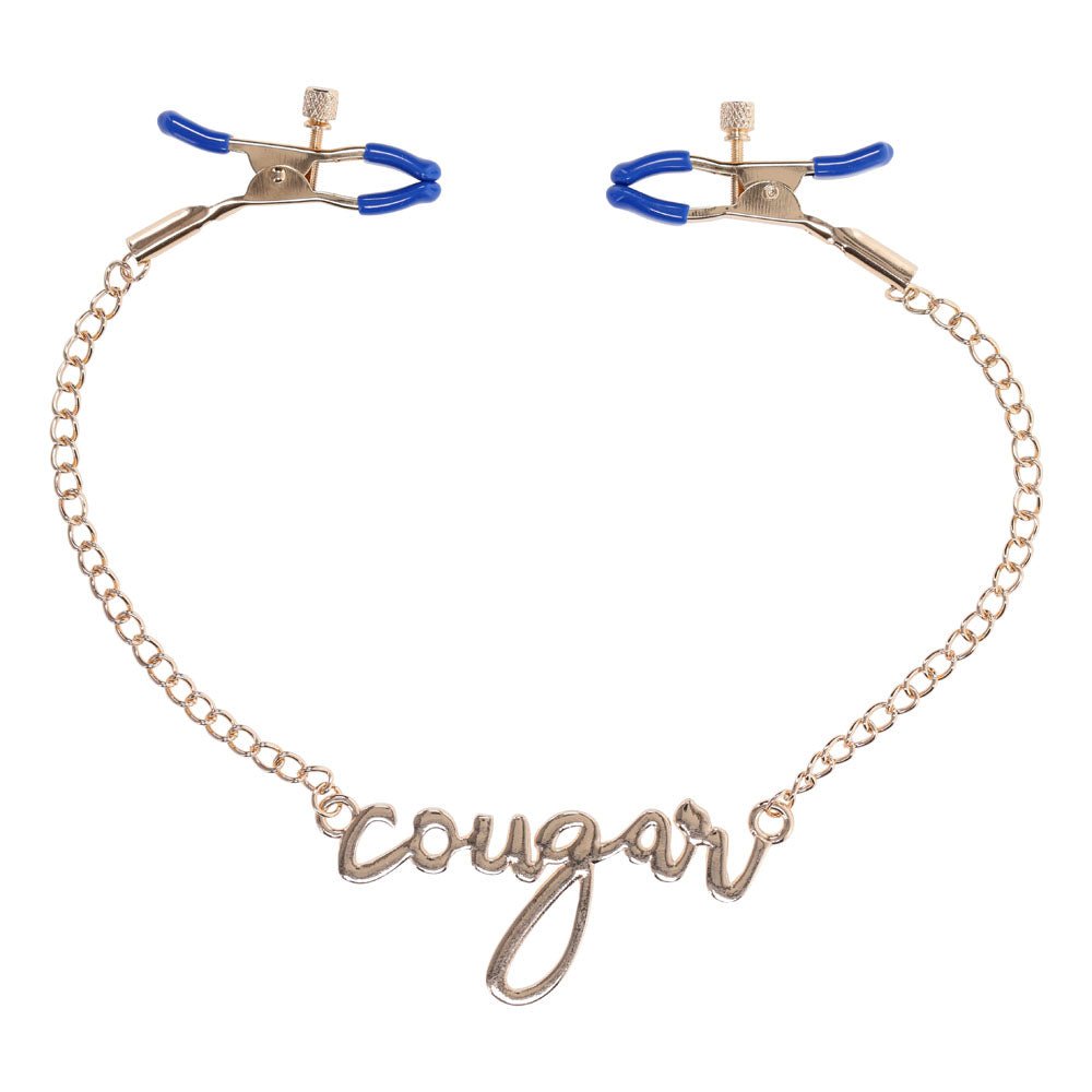 Buy Sex & Mischief Cougar Nipple Clamps - Gold Nipple Clamps with 33 cm Chain – Naughtyhut NZ sex toys online. Discreet delivery & top brands.
