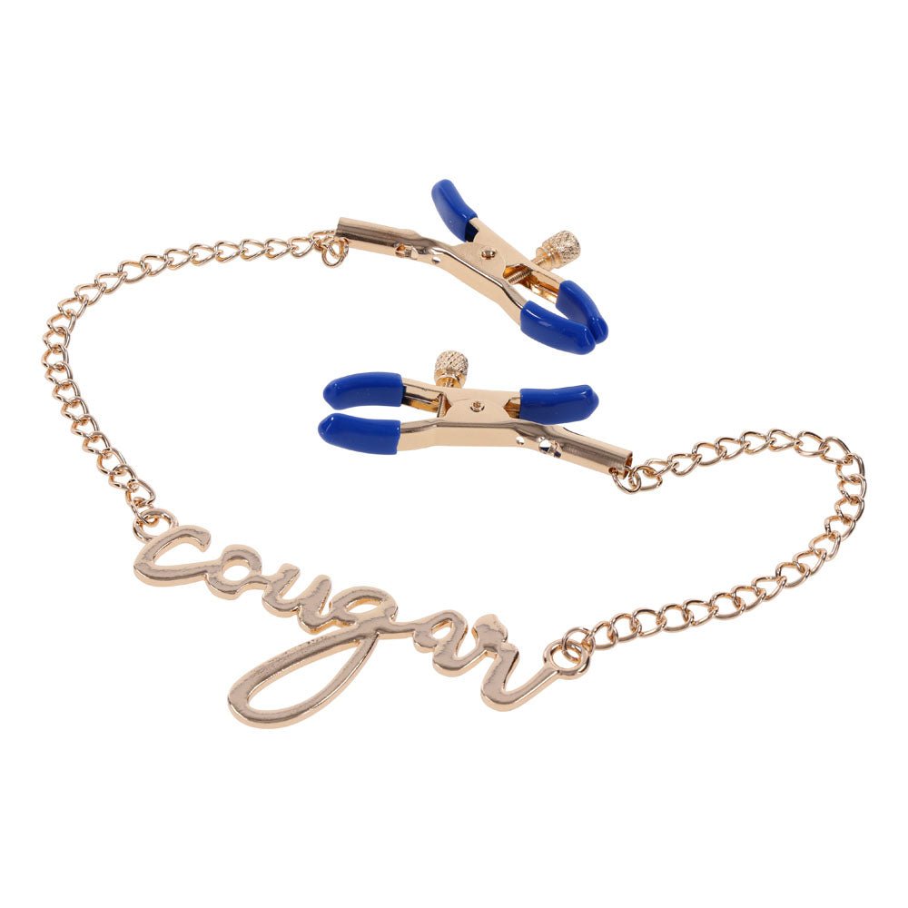 Buy Sex & Mischief Cougar Nipple Clamps - Gold Nipple Clamps with 33 cm Chain – Naughtyhut NZ sex toys online. Discreet delivery & top brands.
