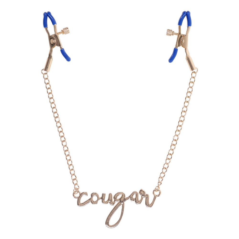 Buy Sex & Mischief Cougar Nipple Clamps - Gold Nipple Clamps with 33 cm Chain – Naughtyhut NZ sex toys online. Discreet delivery & top brands.
