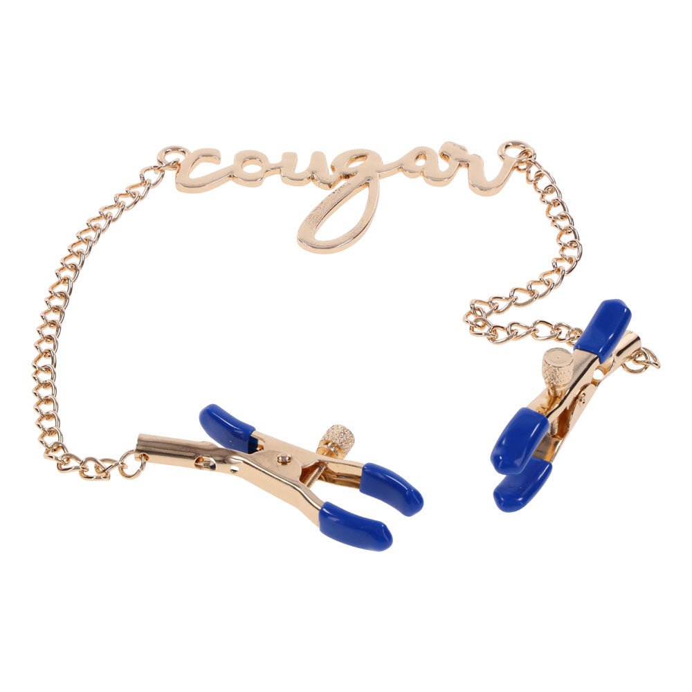 Buy Sex & Mischief Cougar Nipple Clamps - Gold Nipple Clamps with 33 cm Chain – Naughtyhut NZ sex toys online. Discreet delivery & top brands.