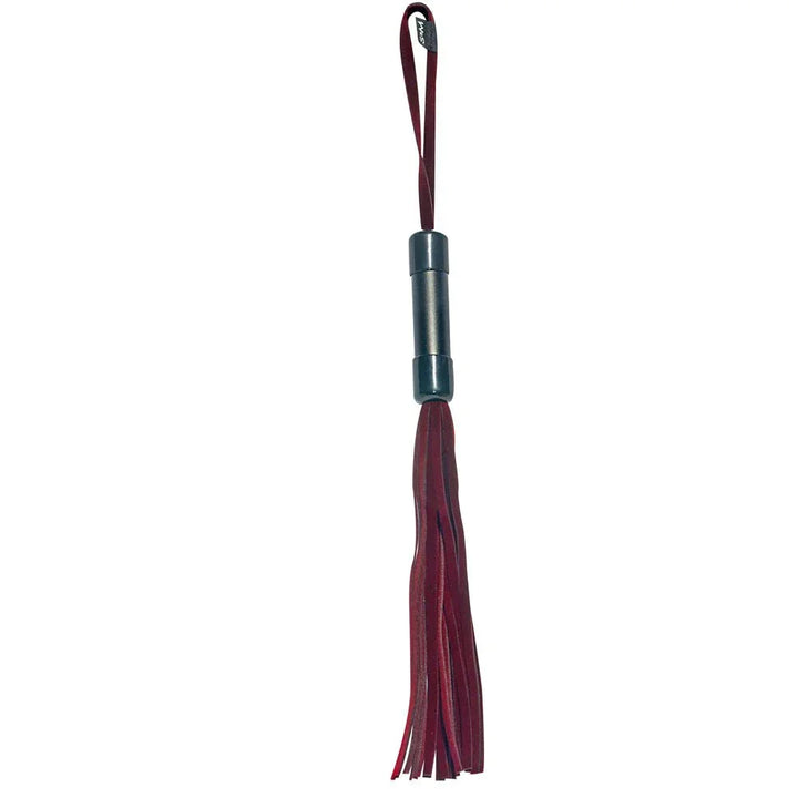 Enchanted Flogger hanging by its wrist loop with the burgundy falls straight down