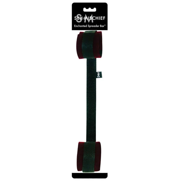Sex & Mischief Enchanted Spreader Bar on its hang card, black bar with burgundy cuffs