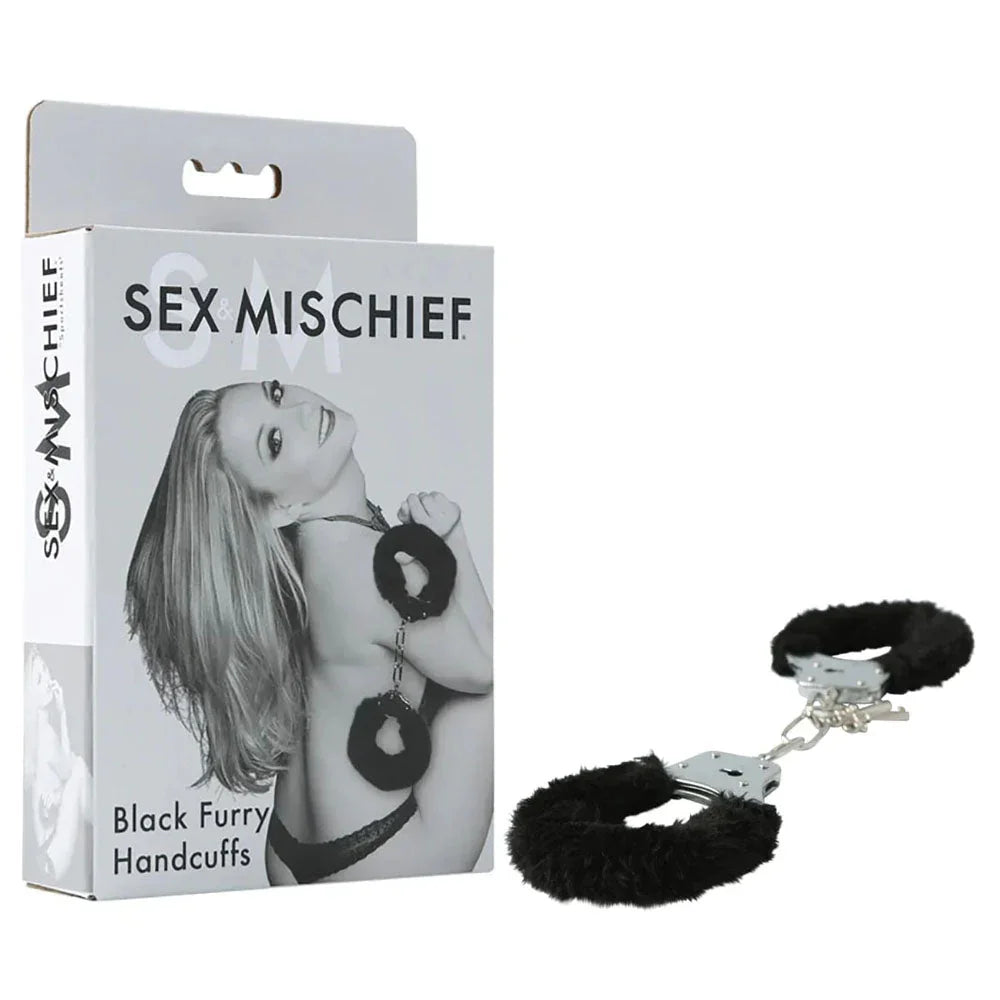 Sex & Mischief Furry Handcuffs - Black - Black Restraints – Sex toys NZ by Naughtyhut. Discreet delivery nationwide.