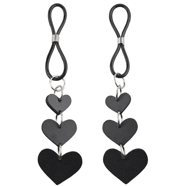 Pair of black nipple ties, each with three graduating faux-leather hearts