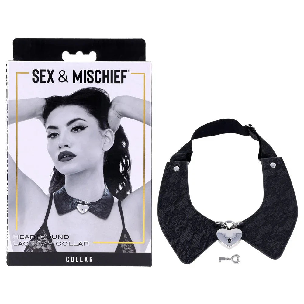 Sex & Mischief Heartbound Lace Day Collar box beside the black lace collar with heart padlock