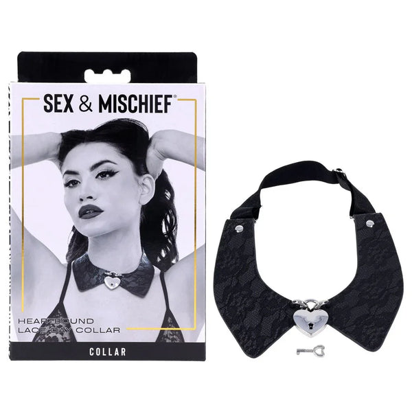 Sex & Mischief Heartbound Lace Day Collar box beside the black lace collar with heart padlock