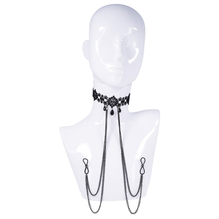 Sex & Mischief Lace Collar with Nipple Ties - Black Neck and Nipple Restraints – Sex toys NZ by Naughtyhut. Discreet delivery nationwide.