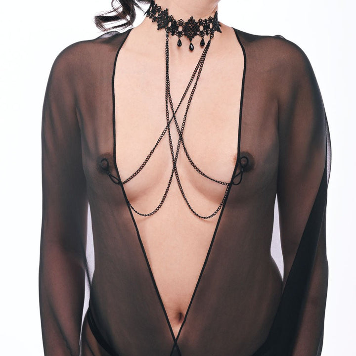Sex & Mischief Lace Collar with Nipple Ties - Black Neck and Nipple Restraints – Sex toys NZ by Naughtyhut. Discreet delivery nationwide.