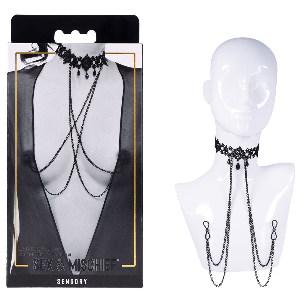 Sex & Mischief Lace Collar with Nipple Ties - Black Neck and Nipple Restraints – Sex toys NZ by Naughtyhut. Discreet delivery nationwide.