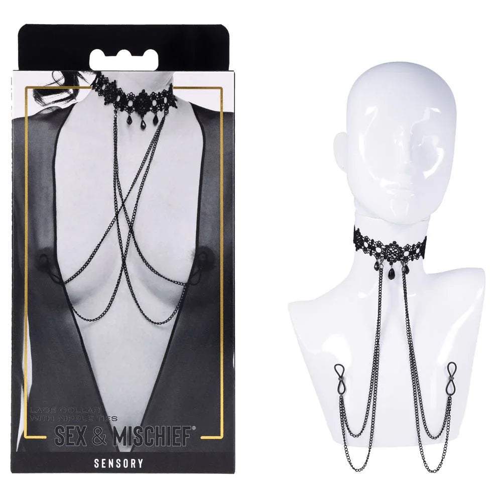 Sex & Mischief Lace Collar with Nipple Ties - Black Neck and Nipple Restraints – Sex toys NZ by Naughtyhut. Discreet delivery nationwide.
