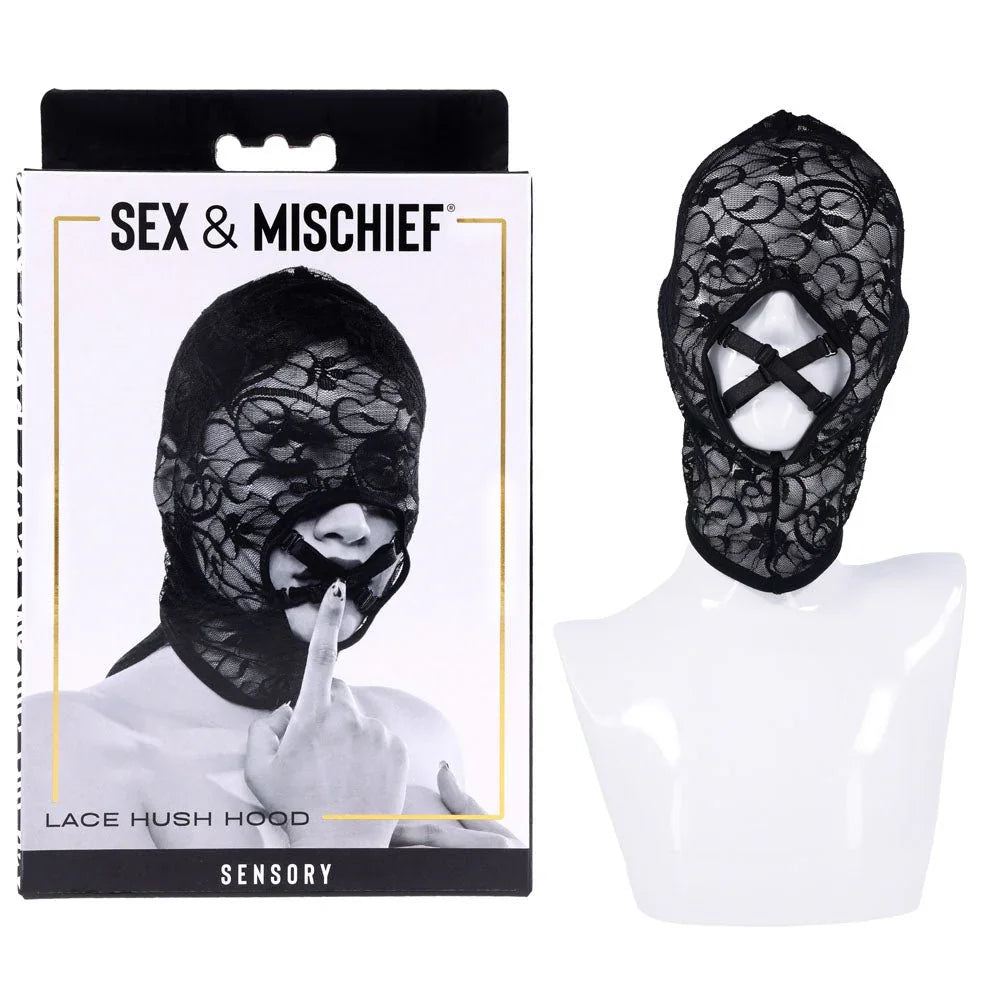 Sex & Mischief Lace Hush Hood box beside the black lace hood on a mannequin bust