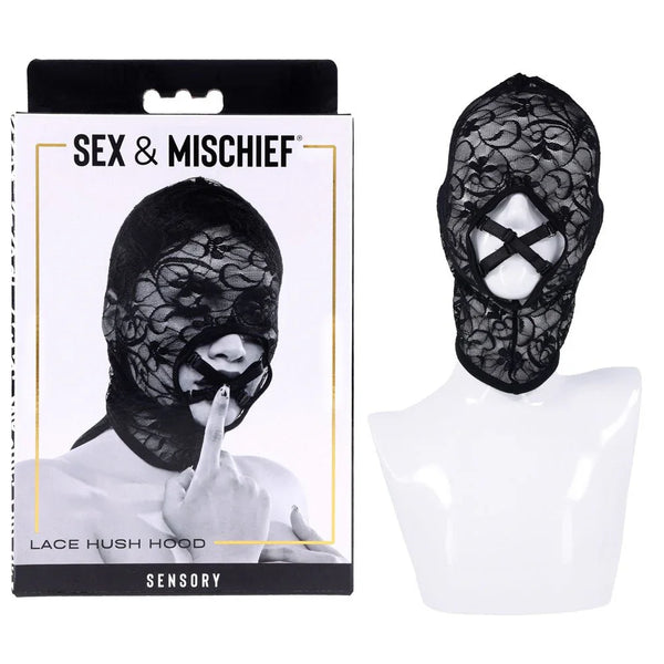 Sex & Mischief Lace Hush Hood box beside the black lace hood on a mannequin bust