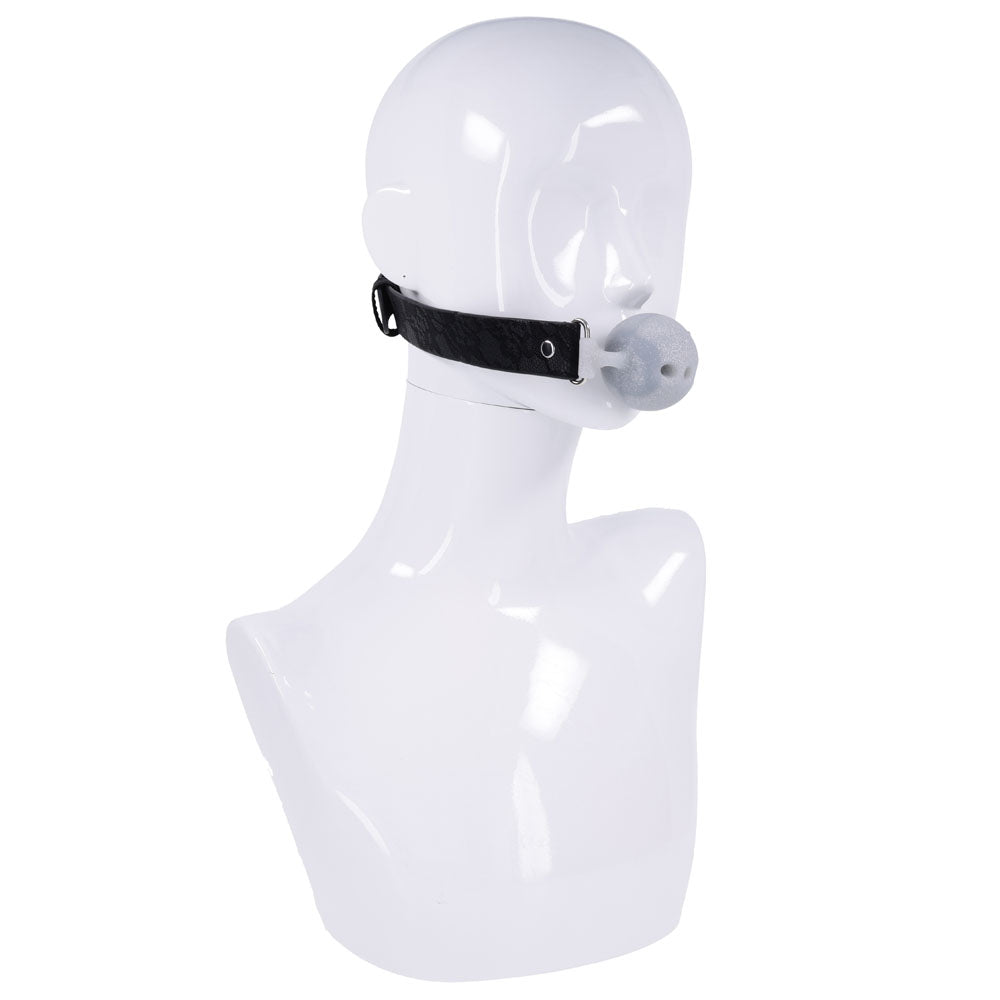 Sex & Mischief Lace Silicone Breathable Ball Gag - Black/Grey Mouth Restraint – Sex toys NZ by Naughtyhut. Discreet delivery nationwide.