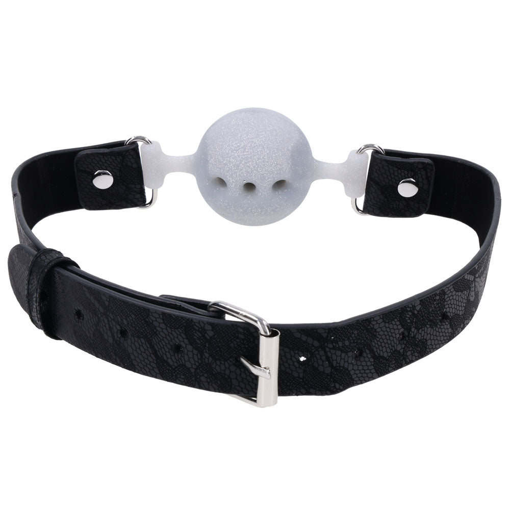 Sex & Mischief Lace Silicone Breathable Ball Gag - Black/Grey Mouth Restraint – Sex toys NZ by Naughtyhut. Discreet delivery nationwide.