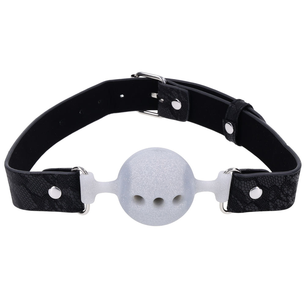 Sex & Mischief Lace Silicone Breathable Ball Gag - Black/Grey Mouth Restraint – Sex toys NZ by Naughtyhut. Discreet delivery nationwide.