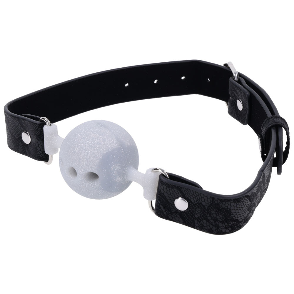 Sex & Mischief Lace Silicone Breathable Ball Gag - Black/Grey Mouth Restraint – Sex toys NZ by Naughtyhut. Discreet delivery nationwide.