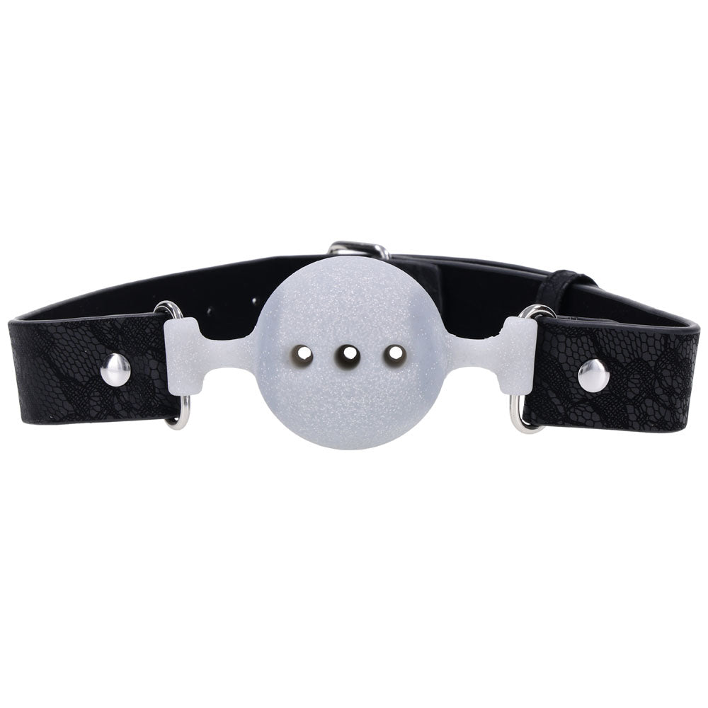 Sex & Mischief Lace Silicone Breathable Ball Gag - Black/Grey Mouth Restraint – Sex toys NZ by Naughtyhut. Discreet delivery nationwide.