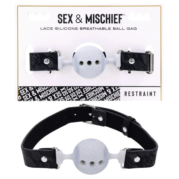 Sex & Mischief Lace Breathable Ball Gag: grey vented ball on a black lace strap, with its card