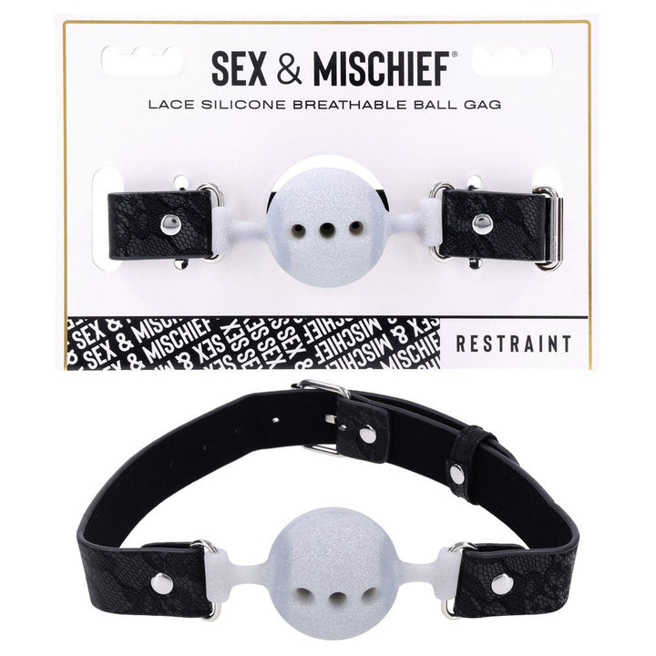 Sex & Mischief Lace Silicone Breathable Ball Gag - Black/Grey Mouth Restraint – Sex toys NZ by Naughtyhut. Discreet delivery nationwide.