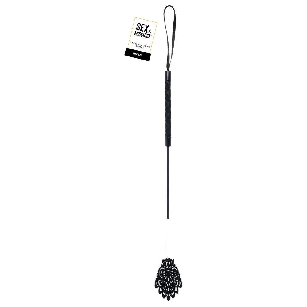 Sex & Mischief Lace Silicone Crop Whip: slim black crop with a filigree tip and hang tag