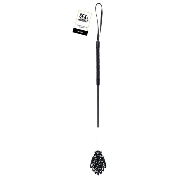 Sex & Mischief Lace Silicone Crop Whip: slim black crop with a filigree tip and hang tag
