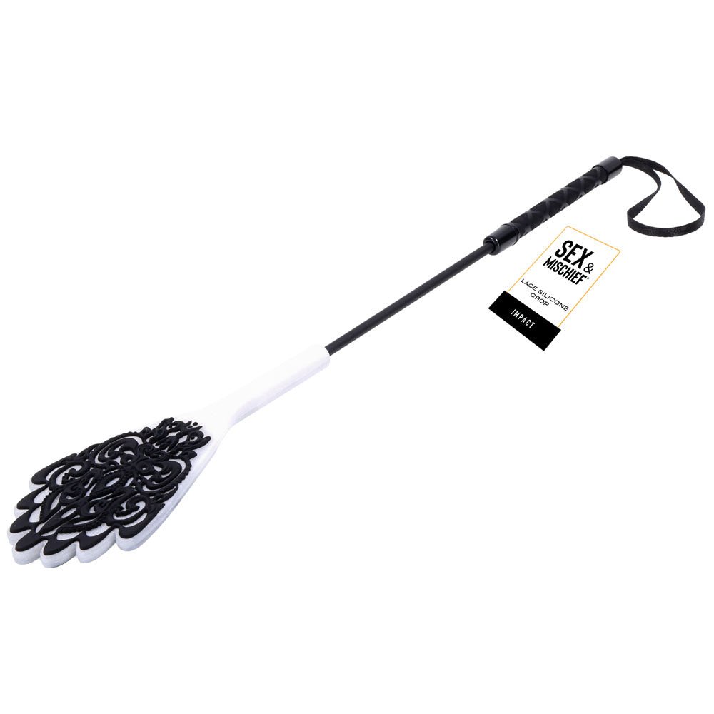 Sex & Mischief Lace Silicone Crop - Black/White 50 cm Crop Whip – Sex toys NZ by Naughtyhut. Discreet delivery nationwide.