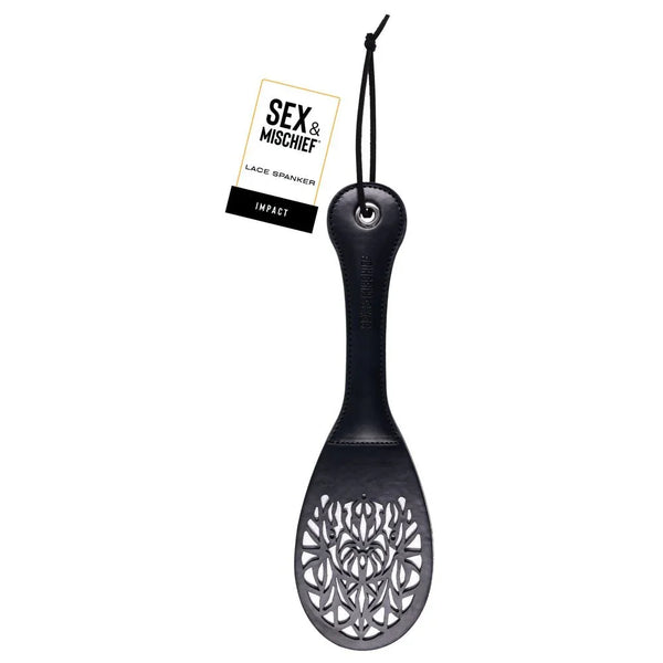 Sex & Mischief Lace Spanking Paddle in black with a filigree-patterned face and wrist loop