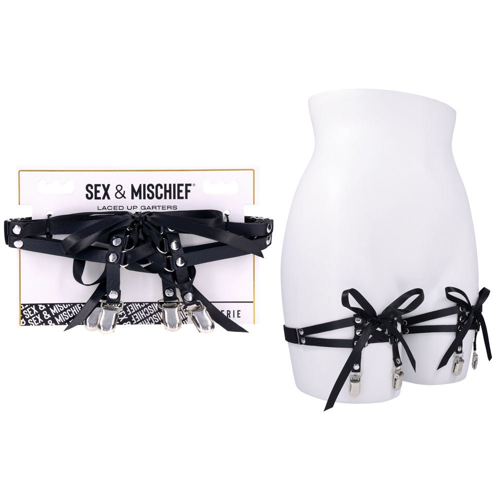 Sex & Mischief Laced Up Garters - Black Garters – Sex toys NZ by Naughtyhut. Discreet delivery nationwide.