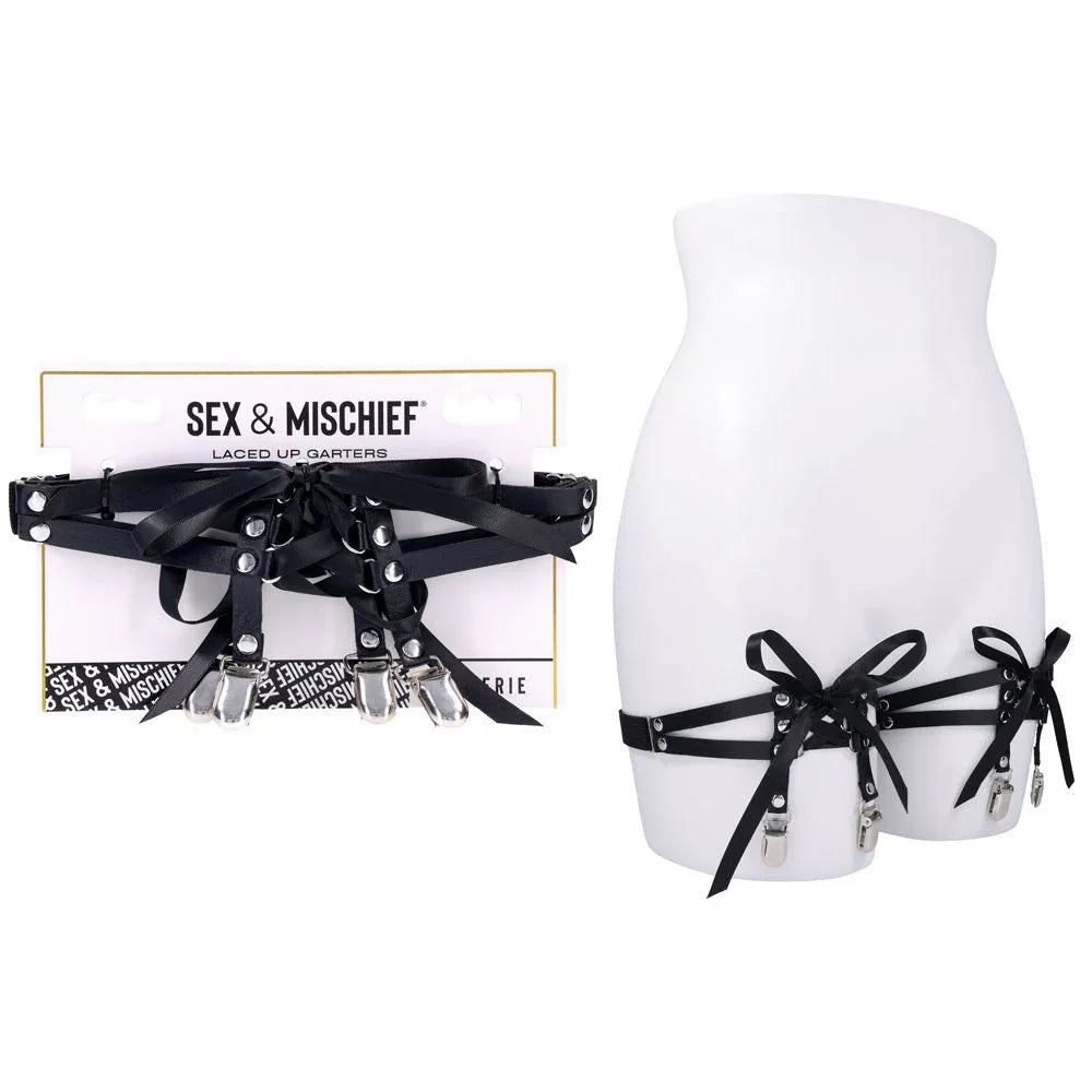 Sex & Mischief Laced Up Garters - Black Garters – Sex toys NZ by Naughtyhut. Discreet delivery nationwide.