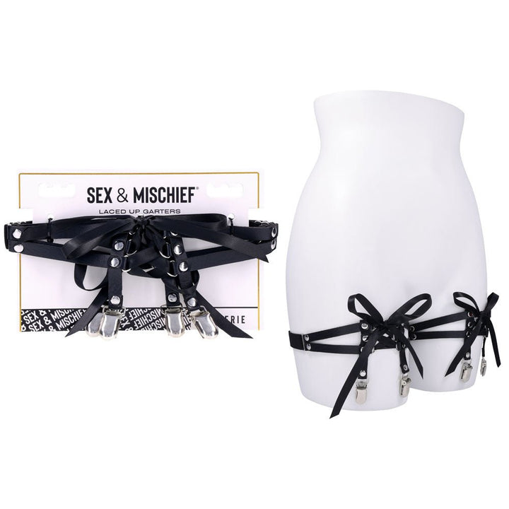Sex & Mischief Laced Up Garters - Black Garters – Sex toys NZ by Naughtyhut. Discreet delivery nationwide.