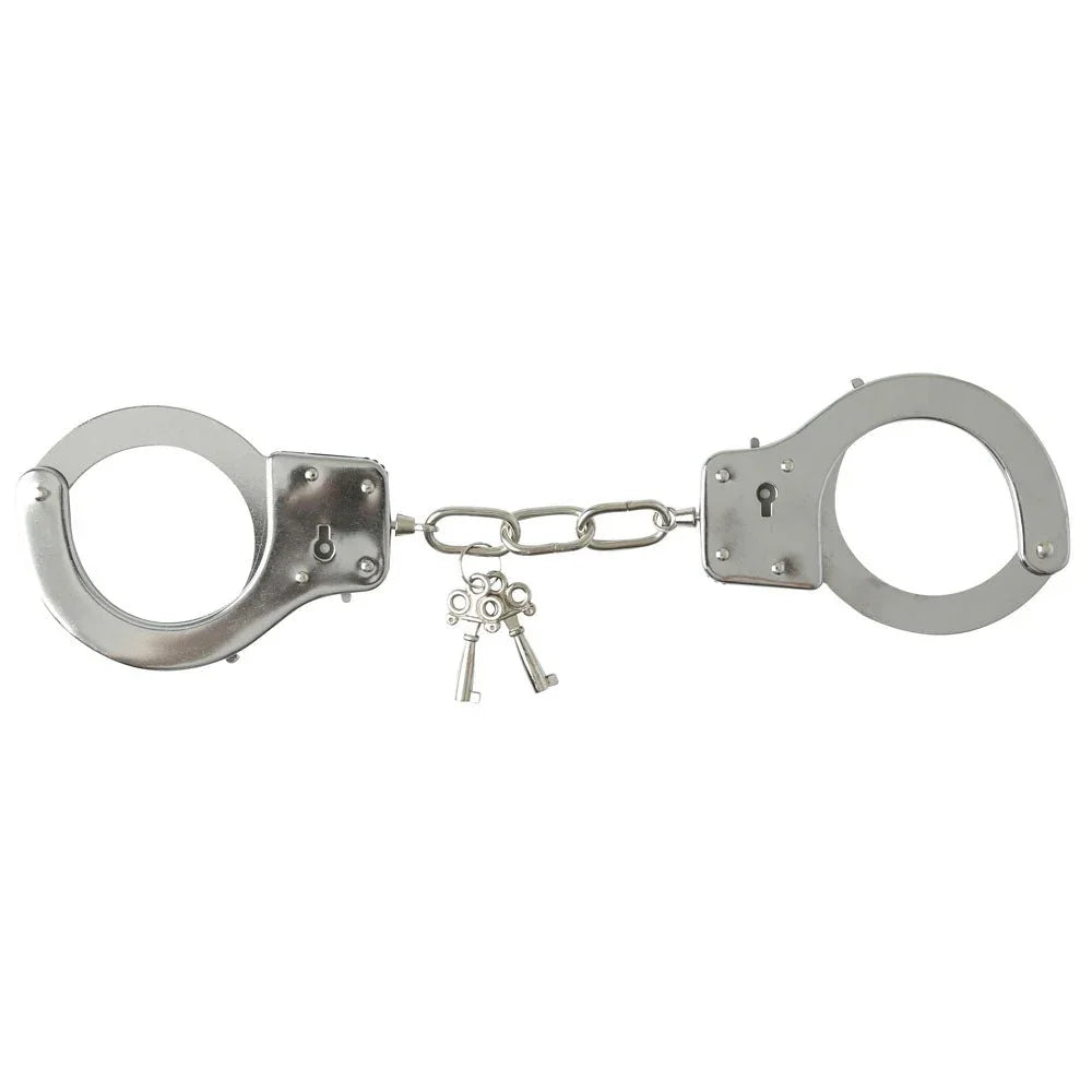 Chrome handcuffs opened out with the two keys resting between them