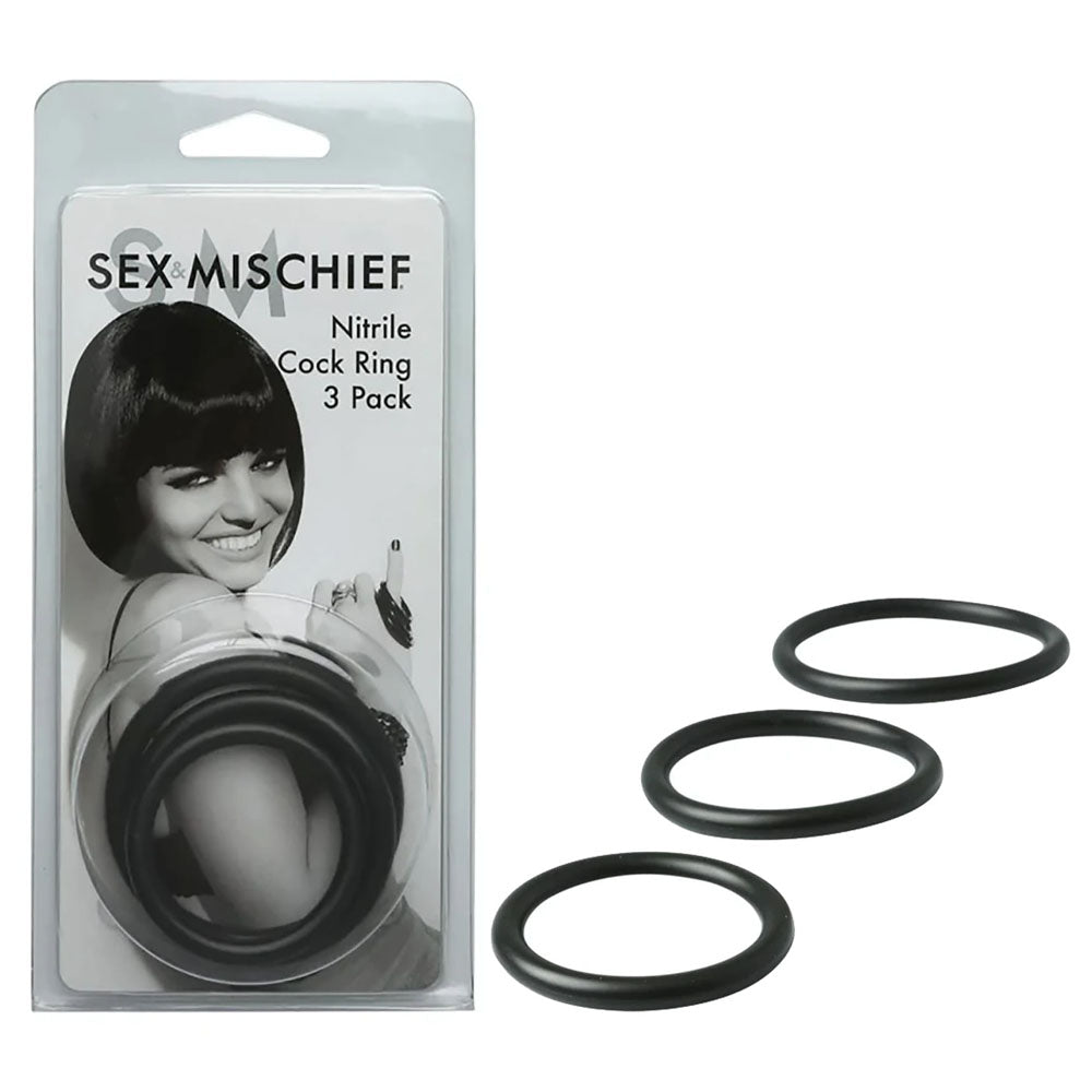 Buy Sex & Mischief Nitrile Cock Ring 3 Pack - Black Cock Rings - Set of 3 Sizes – Naughtyhut NZ sex toys online. Discreet delivery & top brands.