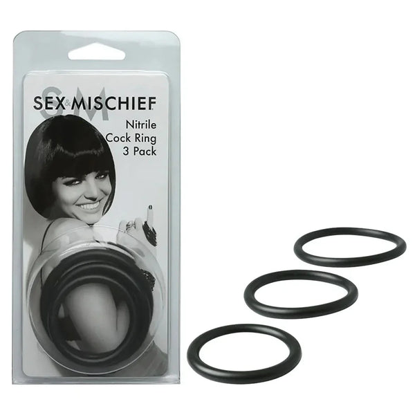 Sex & Mischief Nitrile Cock Ring 3 Pack blister beside the three black rings