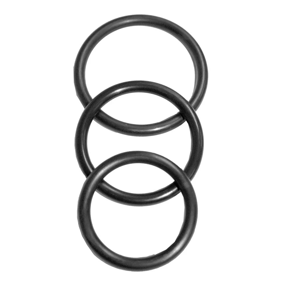 The three nitrile cock rings arranged in a diagonal line on white