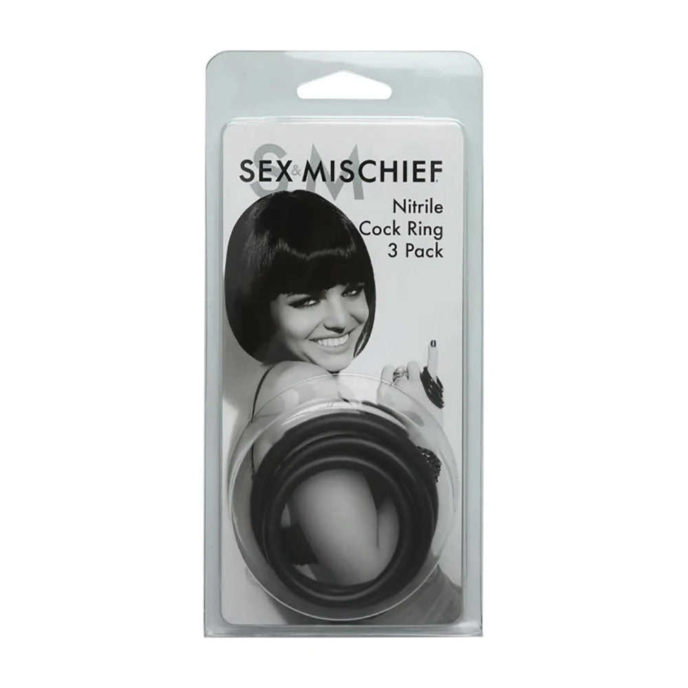 Buy Sex & Mischief Nitrile Cock Ring 3 Pack - Black Cock Rings - Set of 3 Sizes – Naughtyhut NZ sex toys online. Discreet delivery & top brands.