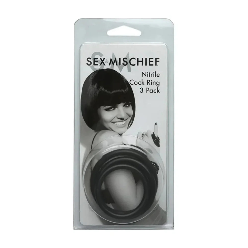 Sex & Mischief Nitrile Cock Ring 3 Pack blister pack, front of card