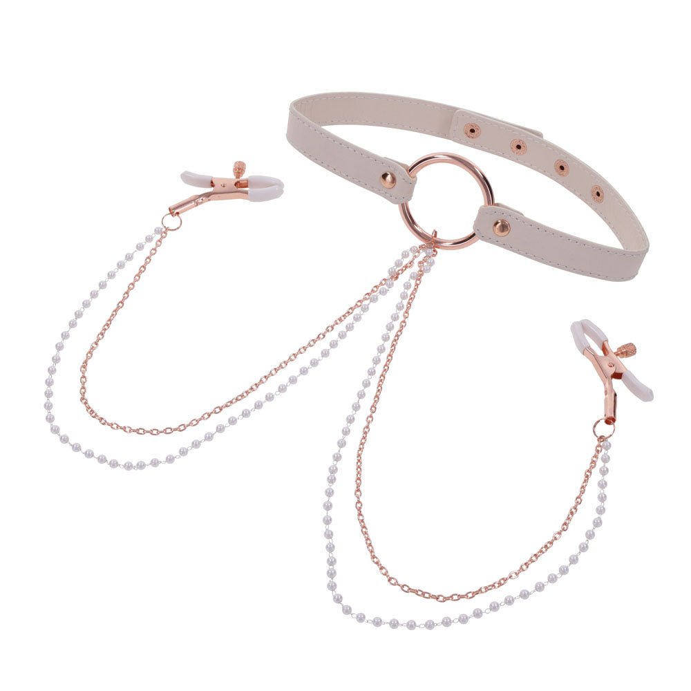 Buy Sex & Mischief Peaches n CreaMe Collar with Nipple Clamps - Peach Nipple Restraints – Naughtyhut NZ sex toys online. Discreet delivery & top brands.