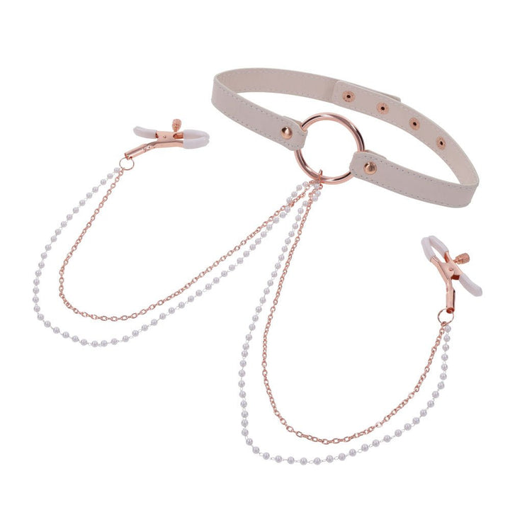 Sex & Mischief Peaches n CreaMe Collar with Nipple Clamps - Peach Nipple Restraints – Sex toys NZ by Naughtyhut. Discreet delivery nationwide.