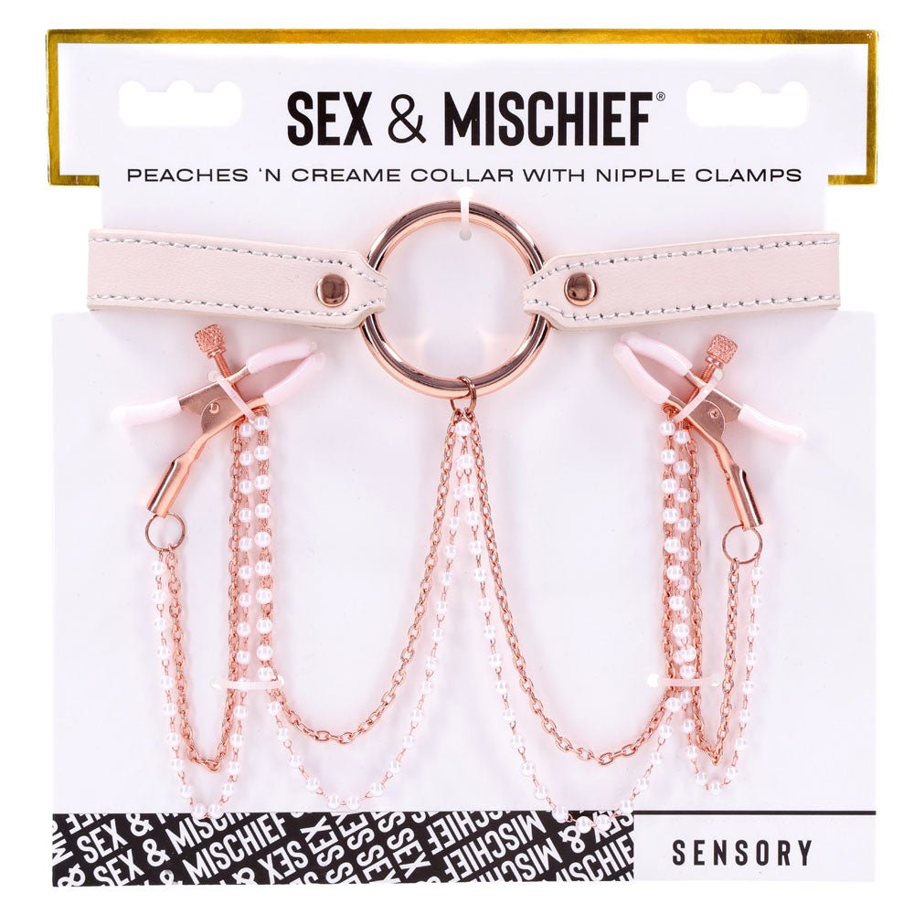 Buy Sex & Mischief Peaches n CreaMe Collar with Nipple Clamps - Peach Nipple Restraints – Naughtyhut NZ sex toys online. Discreet delivery & top brands.